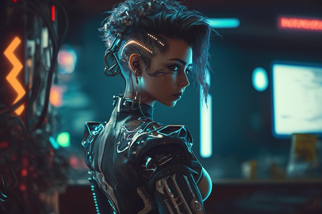 Ragazza nello stile dell'anime cyber punk sullo sfondo della generazione AI della città notturna