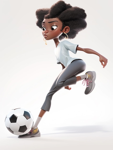 Ragazza nera che gioca a calcio personaggio dei cartoni animati 3d