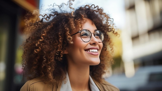 Ragazza nera che indossa abiti casual Luci della città sfocate