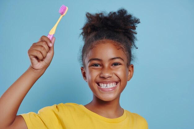 Ragazza nera con lo spazzolino da denti in mano su uno sfondo blu chiaro