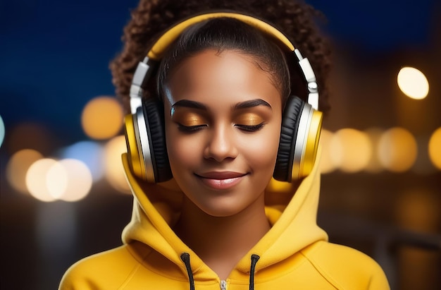 Ragazza nera felice che ascolta musica con le cuffie sullo sfondo della città serale