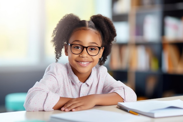 Ragazza nera nello studio dell'uniforme dell'aula