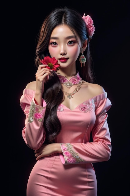 Ragazza orientale classica classica di bellezza cinese orientale che indossa il cheongsam che tiene il fiore rosa