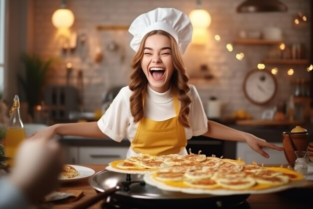 Ragazza panettiera spensierata positiva in grembiule che balla al tavolo con crepes cotte da forno