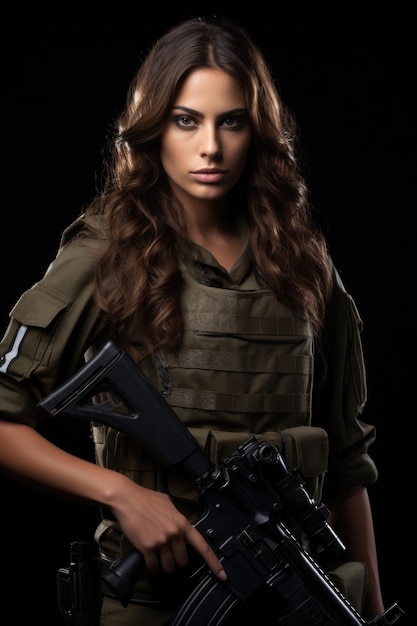 Ragazza patriota israeliana in uniforme militare con un'arma