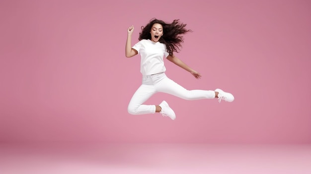 ragazza positiva ispirata con scarpe da ginnastica bianche che balla su uno sfondo rosa