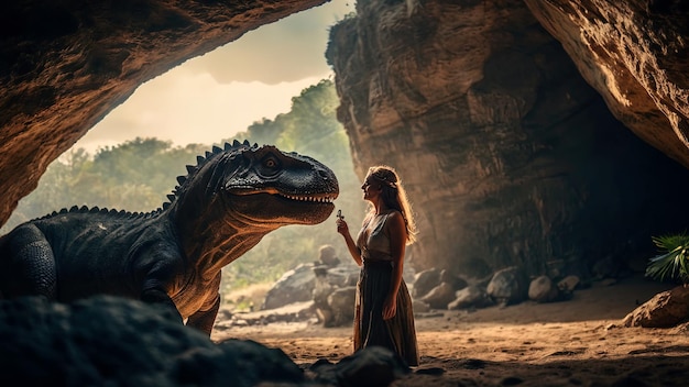 Ragazza preistorica e il suo dinosauro in una grotta