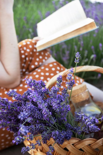 Ragazza provenzale che legge un libro in un campo di lavanda