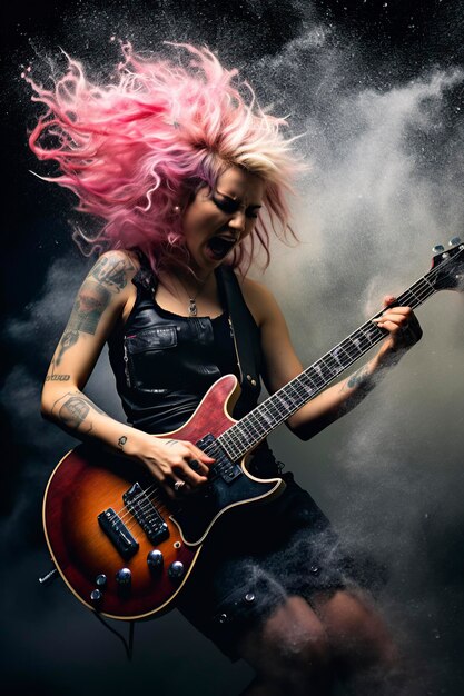 ragazza punk con i capelli rosa che suona la chitarra