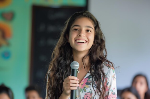 Ragazza radiosa con i capelli ricci e un top floreale che parla in un microfono in una classe