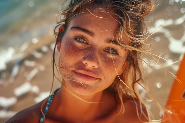 Ragazza radiosa con la pelle abbracciata dal sole e le frecce che si gode una giornata di spiaggia assolata