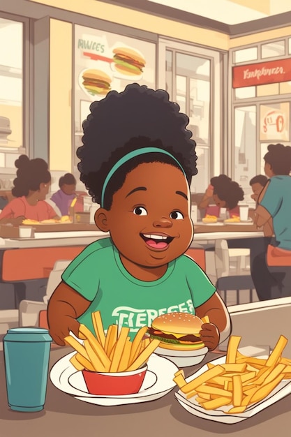 ragazza ragazzo obeso che mangia hamburger fast food patatine fritte illustrazione malsana di concetto di cibo
