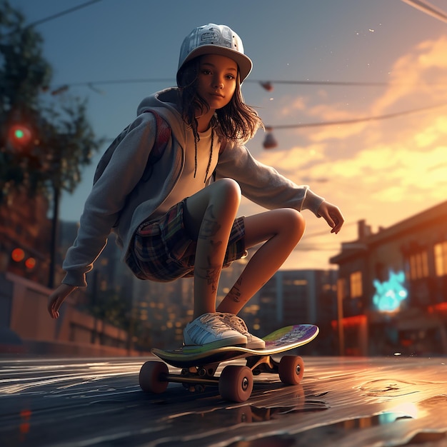 Ragazza renderizzata in 3D su uno skateboard che si diverte a pattinare