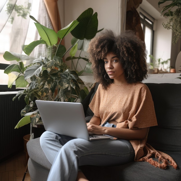 Ragazza riccia africana di 21 anni seduta sul divano grigio ai generativa