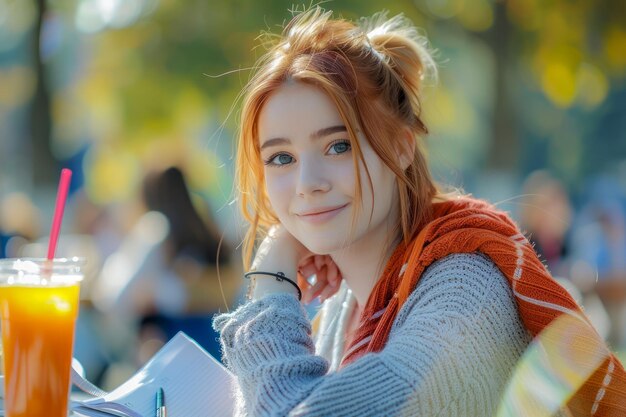 Ragazza rilassata che si gode un succo nel Sunny Park Natural Beauty Casual Lifestyle Portrait