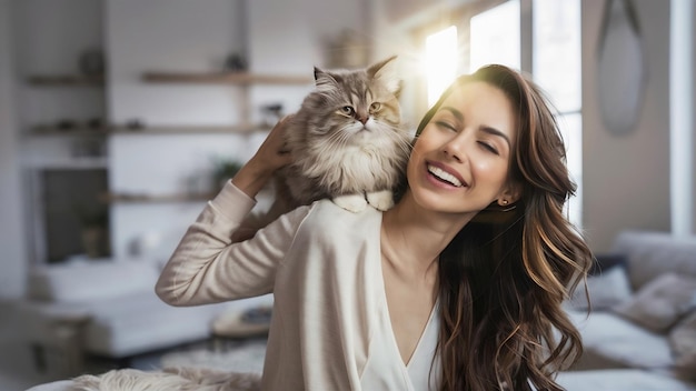 Ragazza rilassata e sorridente che gioca con il suo gatto soffice. Scatto interno di una signora fantastica che tiene in braccio un animale domestico.