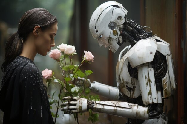 Ragazza robot futuristica che si gode del profumo di fiori freschi dopo la pioggia in un ambiente tecnologico