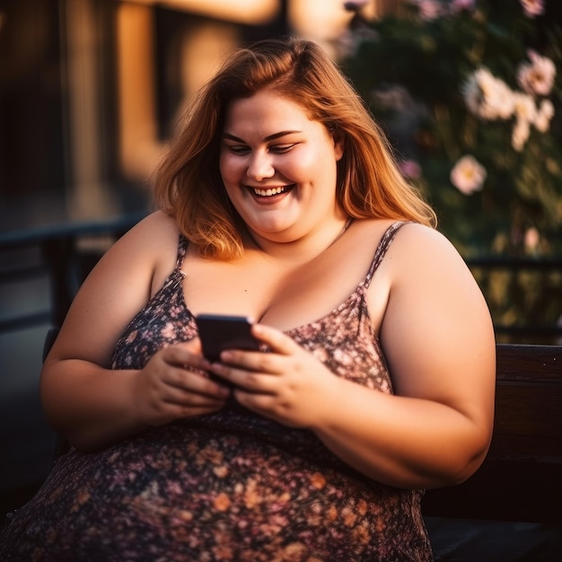 Ragazza rotonda di estate che sorride allo smartphone