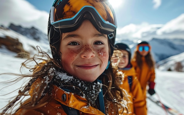 ragazza sciatrice con gli amici con occhiali da sci e casco da sci sulla montagna innevata