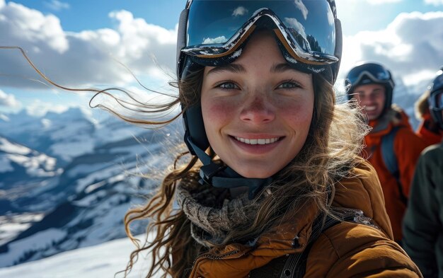 ragazza sciatrice con gli amici con occhiali da sci e casco da sci sulla montagna innevata