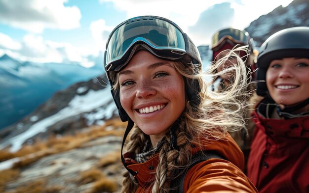 ragazza sciatrice con gli amici con occhiali da sci e casco da sci sulla montagna innevata