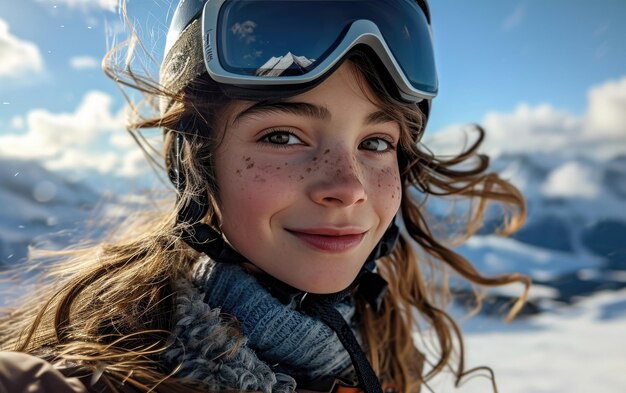 ragazza sciatrice con occhiali da sci e casco da sci sulla montagna innevata