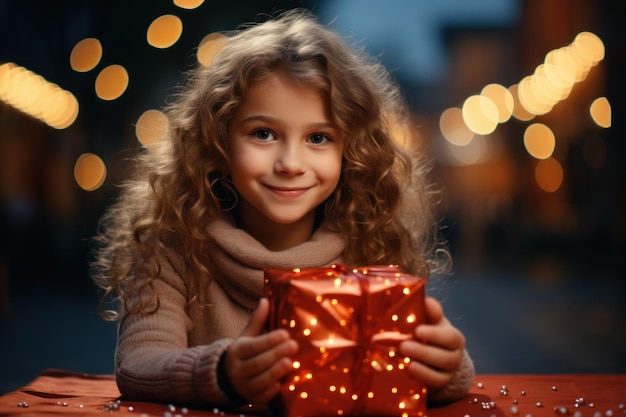 Ragazza seduta sotto un albero di Natale che apre regali generati dall'AI