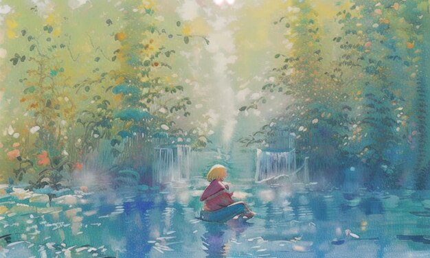 ragazza seduta sull'acqua nella foresta gode del silenzio e della bellezza della natura illustrazione ad acquerello