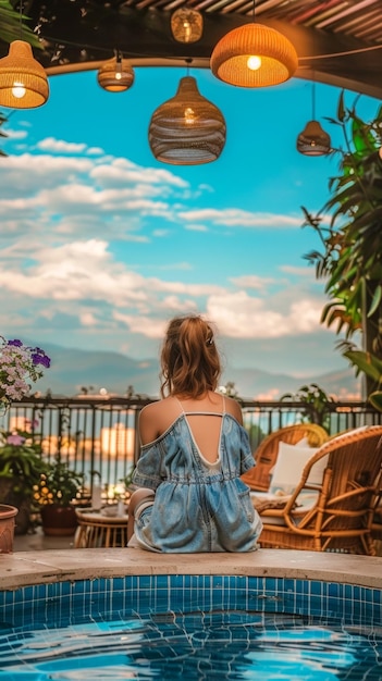 Ragazza seduta sulla panchina della villa a casa cielo blu e nuvole bianche architettura moderna