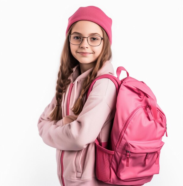 Ragazza seria impacchettata con il suo zaino rosa isolato su sfondo bianco