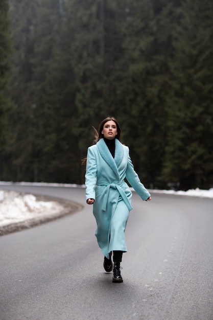 Ragazza sexy del brunette che cammina sulla strada sulle montagne di inverno