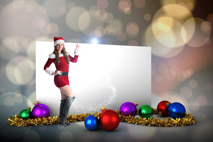 Foto ragazza sexy della santa che punta contro il modello di progettazione di punti incandescente luce
