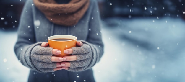 ragazza si riscalda le mani con una bevanda calda in inverno AI generativa