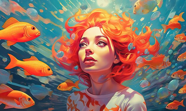 Ragazza sirena dai capelli rossi con pesce arancione Creato utilizzando strumenti di intelligenza artificiale generativa