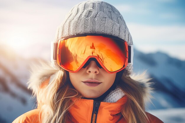 Ragazza snowboarder con casco e occhiali arancioni generativa di Ai
