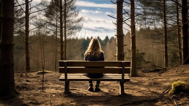 Ragazza sola seduta su una panchina nella foresta AI generativa