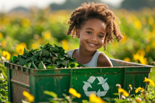 Ragazza sorridente all'interno di un contenitore di riciclaggio circondata dalla natura e dai girasoli in una giornata di sole