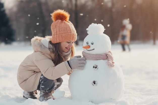 Ragazza sorridente che costruisce un pupazzo di neve all'aperto