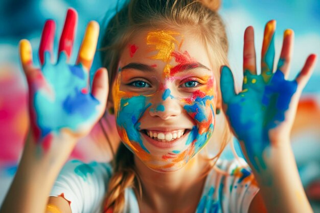 Ragazza sorridente che gioca con i colori dipinge le mani e il viso mostrando le due mani piene di colori