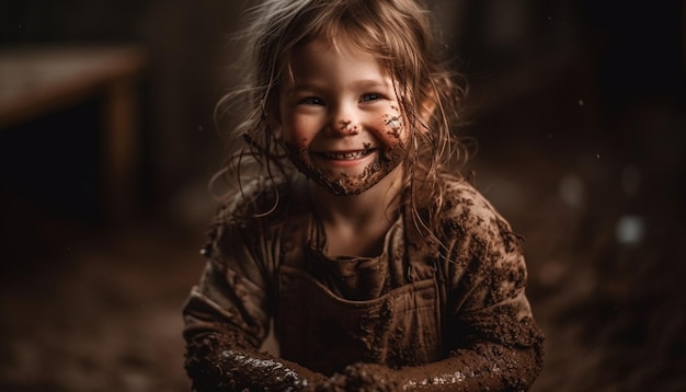 Ragazza sorridente che gioca nella foresta fangosa godendo della bellezza della natura generata dall'intelligenza artificiale