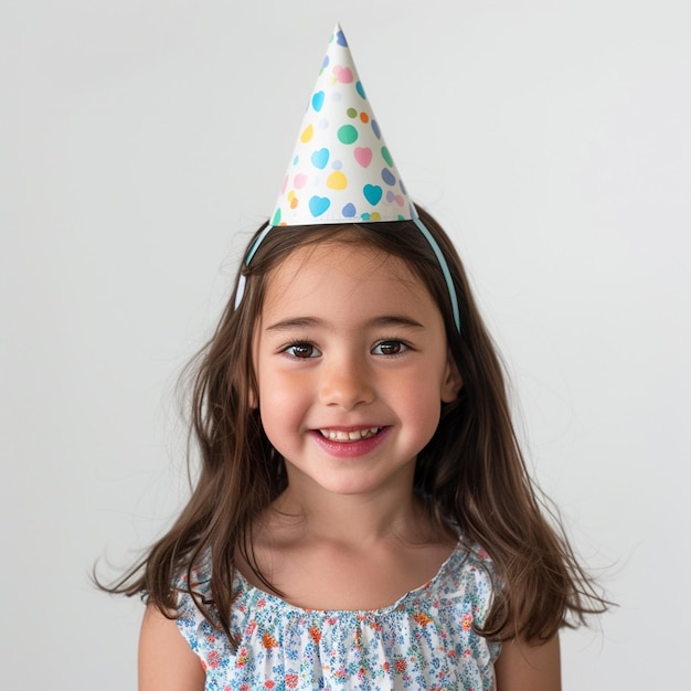 Ragazza sorridente che indossa un cappello da festa su uno sfondo bianco