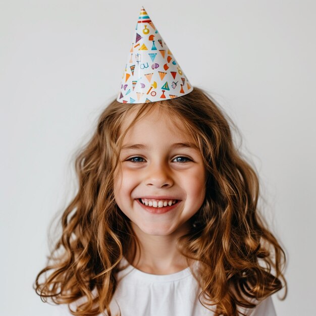 Ragazza sorridente che indossa un cappello da festa su uno sfondo bianco