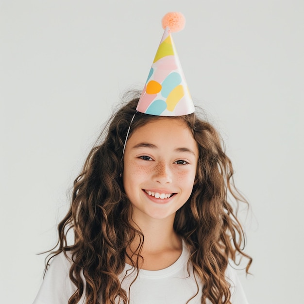 Ragazza sorridente che indossa un cappello da festa su uno sfondo bianco