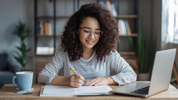 Ragazza sorridente che studia a casa