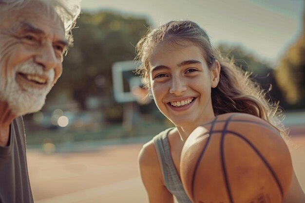 ragazza sorridente che tiene una palla da basket accanto a un uomo più anziano