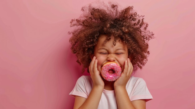 Ragazza sorridente con ciambelle a dieta contro il concetto di cibo spazzatura