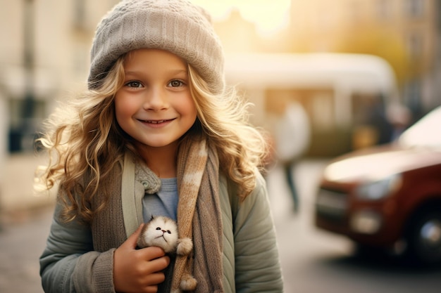 Ragazza sorridente con un cappello in piedi per strada