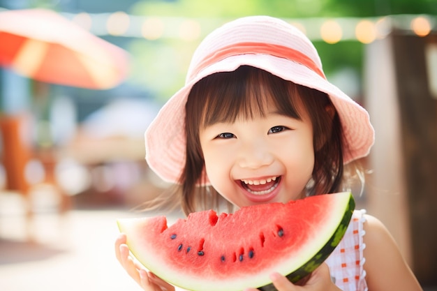 Ragazza sorridente con un cocomero