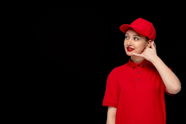 Ragazza sorridente di giorno della camicia rossa che mostra un simbolo di chiamata in berretto rosso che indossa una camicia e un rossetto luminoso