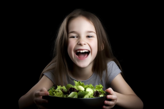 Ragazza sorridente felice che mangia insalata Genera Ai